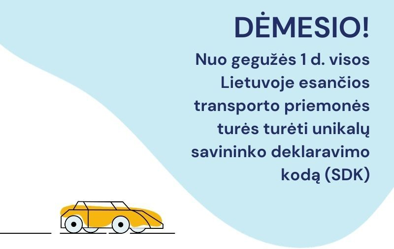 Geltonos spalvos automobilio iliustracija kairėje ir informacinis tekstas apie SDK kodą dešinėje.