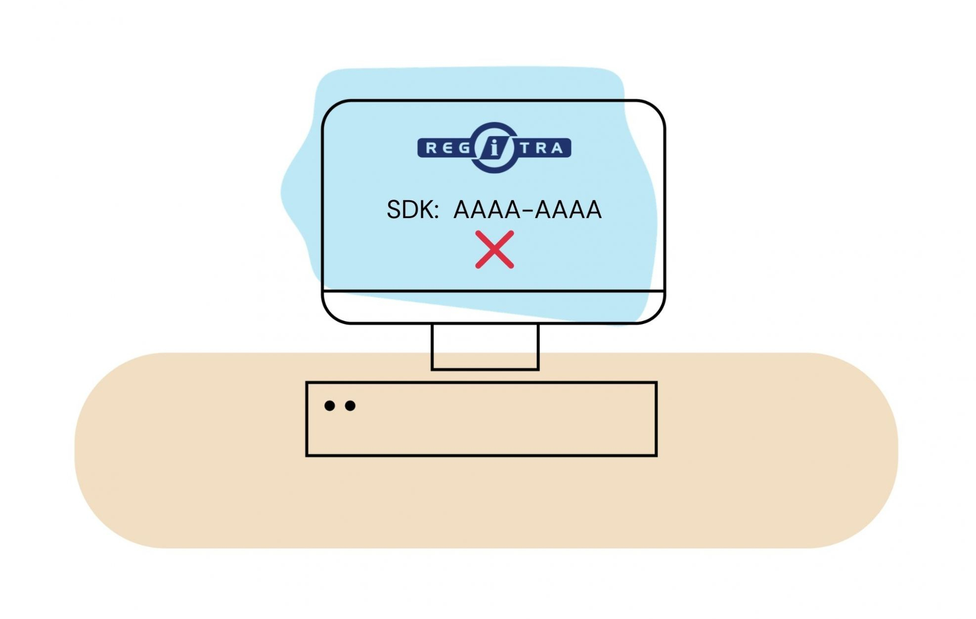 Kompiuterio monitoriuje rodomas „REGITRA“ logotipas, tekstas „SDK: AAAA-AAAA“ ir raudonas X ženklas