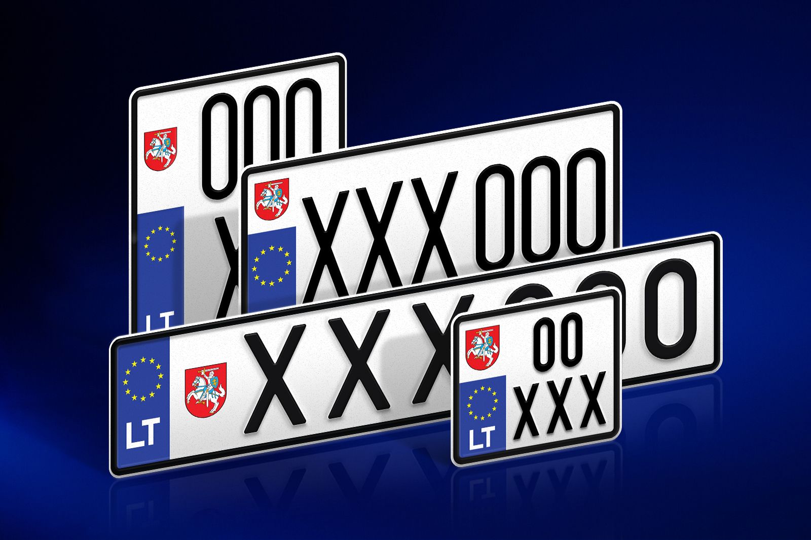 Keturi lietuviški automobilio numeriai su skirtingais formatų pavyzdžiais, kiekviename matoma ES vėliava, Lietuvos herbas ir raidės „LT“ kairėje.