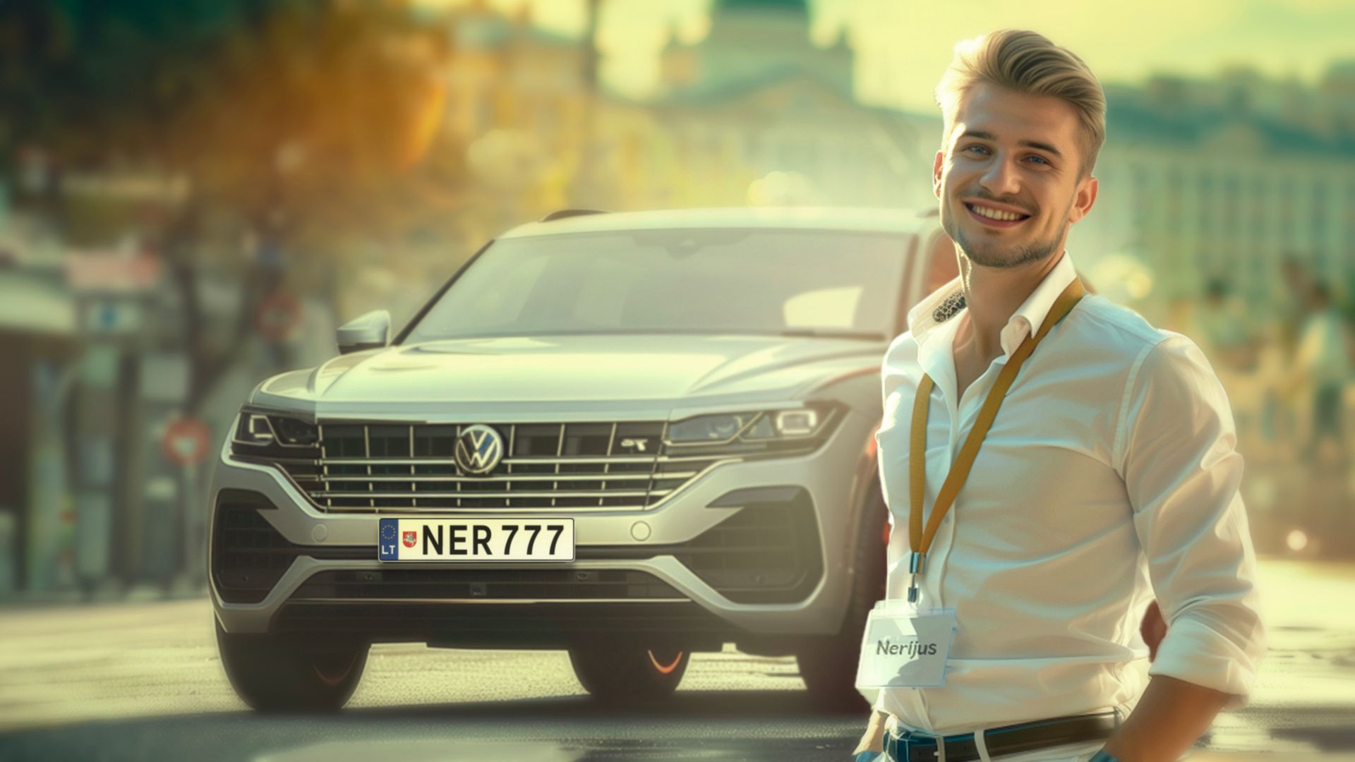 Antroje nuotraukoje matomas vyras, stovintis priešais „Volkswagen“ automobilį su valstybiniu numeriu NER 777. Vyras vilki baltus marškinius ir ant kaklo turi identifikacinę kortelę, kurioje matomas vardas Nerijus. Fonas – urbanistinis, su pastatais ir gatvės ženklais.