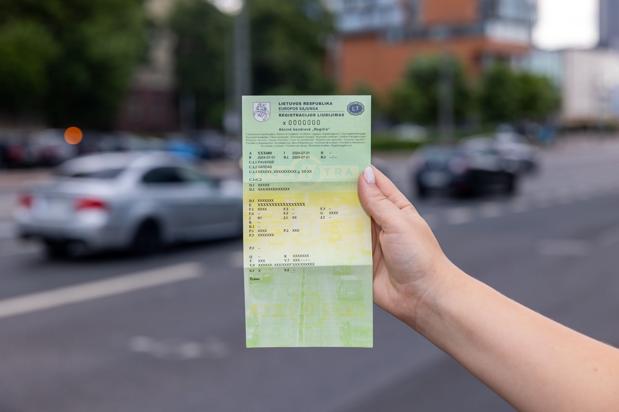 Ant dokumento matomi įvairūs laukai su raidėmis ir numeriais, pvz.: LIETUVOS RESPUBLIKA TRANSPORTO PRIEMONĖS REGISTRAVIMO LIUDIJIMAS