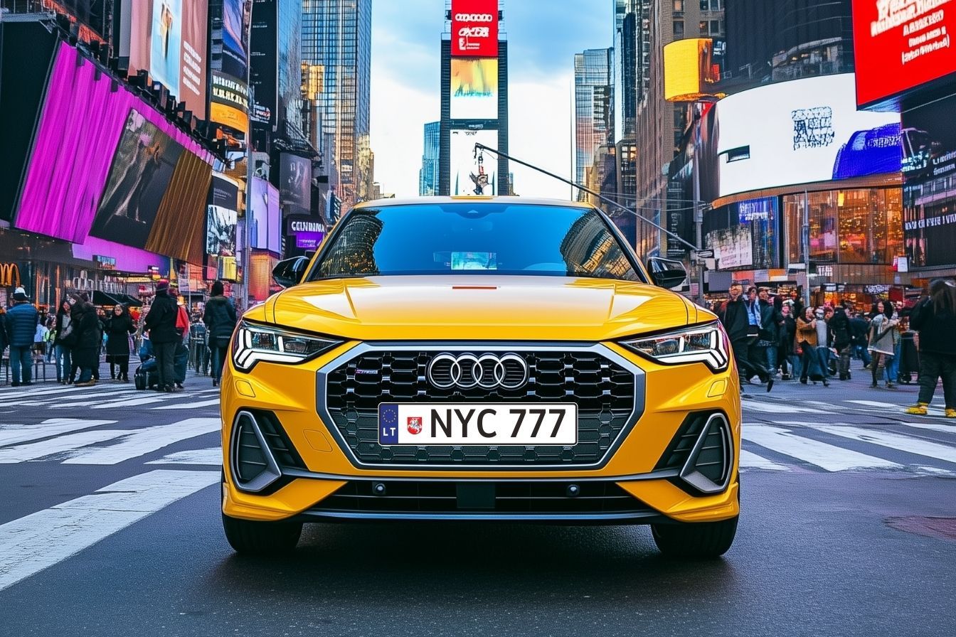 Naujų numerio ženklų serijos reklama, kurioje pavaizduotas automobilis su New York miesto fonu, automobilio numeriai NYC777