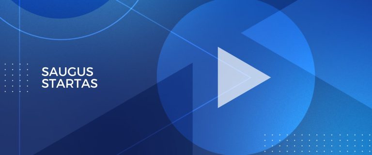 Renginio Saugus startas maketas - renginio pavadinimas ir mygtuko "play" ikona mėlynam fone.