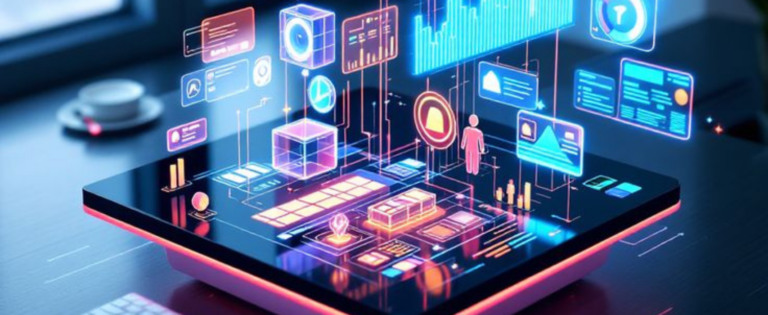 Futuristinis planšetės ekranas su holografiniais duomenų vizualizacijos elementais – grafikais, diagramomis, ikonėlėmis ir vartotojų siluetais, vaizduojantis skaitmeninę analitiką bei technologijų valdomą verslo aplinką.