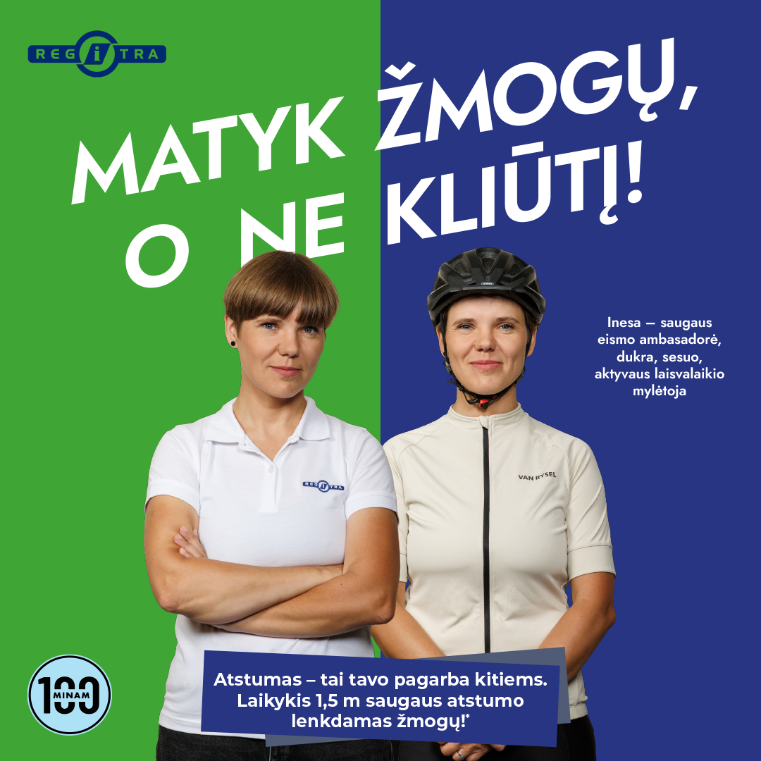 Moteris su Regitros marškinėliais ir ta pati moteris su dviratininko apranga